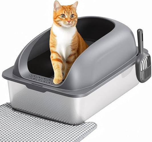 OLIXIS Stainless Steel Cat Litter Box with Lid, Large Cat Litter Box for Big Cats, High Wall Sides, Anti-Urine Leakage, Easy Cleaning, Scoop and Mat Included, Easy Cleaning, Dark Gray