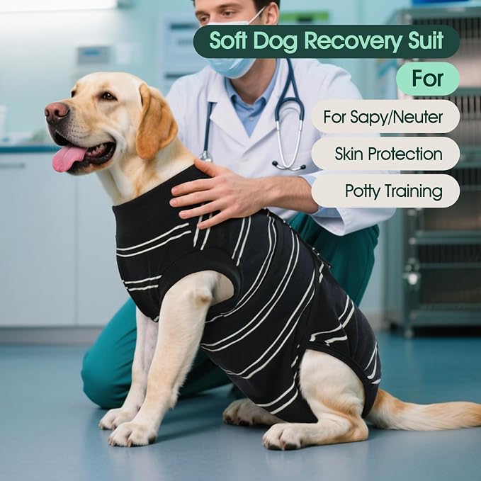Kuoser Dog Surgery Recovery Suit, Soft Breathable Dog Recovery Suit for Female Spay Male Nueuter, Anti Licking Puppy Onesie Pet Surgical Suit for Dogs Abdominal Wounds Skin Disease, Black Strips M