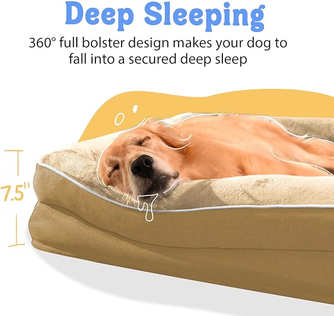 Chez Paw XXL Orthopedic Dog Bed for Extra Large Dogs, Extra Thick Egg-Crate Foam Waterproof Pet Couch with Removable Washable Cover, 4-Sided Bolster & Non-Slip Bottom, Brown 45"x35"x7.5"