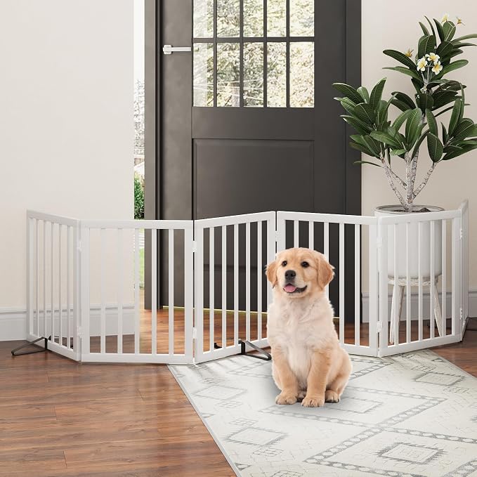 Dog Gate, Freestanding Dog Gates for Doorways, Foldable Dog Gate Indoor, Pet Gates for Doorways Bedroom, Puppy Gate with Metal Support Feet, Room Divider 6 Panels (White)