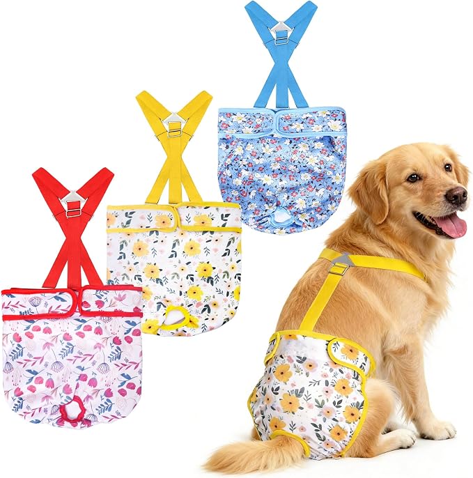 Female Dog Diapers 3 Pack Washable Dog Diapers Female Dog Diaper that Stay on Dog Diaper Female with Suspenders Reusable Doggie Diapers for Heat, Incontinence and Puppy Training (Large)