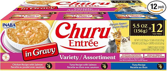 INABA Churu Entrée in Gravy for Cats, High Protein & Moisture, Prebiotic Wet Cat Food, 5.5oz. Can, 12 Cans Total, Tuna & Chicken Variety