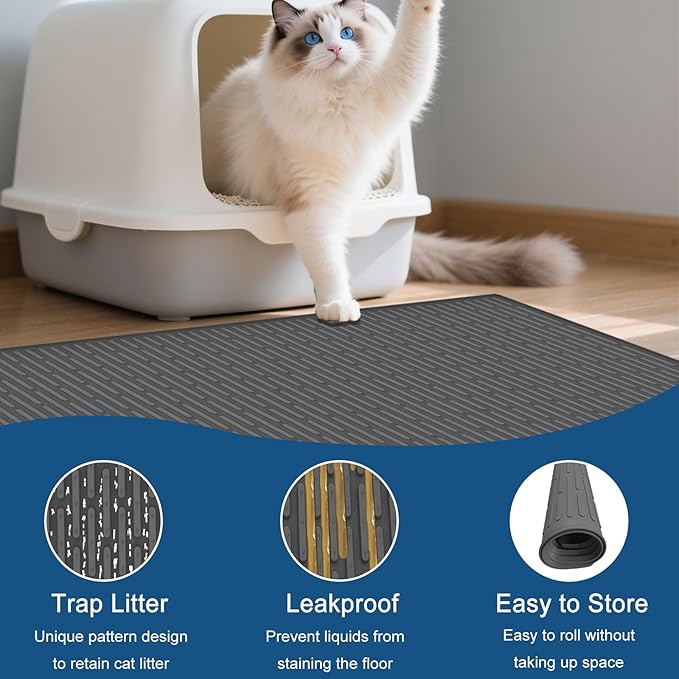 XXL Extra Large Silicone Cat Litter Trapping Mat for Scatter Control, 40"x30"(100cmx75cm) Waterproof Kitty Litter Box mat for Floor, Soft on Kitty Paws, Easy to Clean, Dark Blue