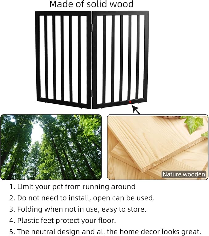 Dog Gate Indoor, Freestanding Dog Fence for The House, Doorways, Hallways,or Stairs,Pet Gate Foldable Wooden,Expandable 32" Height 2 Panels,Black