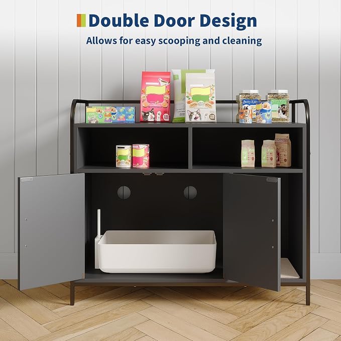 Garvee Cat Litter Box Enclosure Furniture Wooden Hidden Indoor Cat Washroom House Cabinet with 2 Open Compartments Scratching Mat Double Door Storage Cabinet Front Entry Air Vents Metal Frame