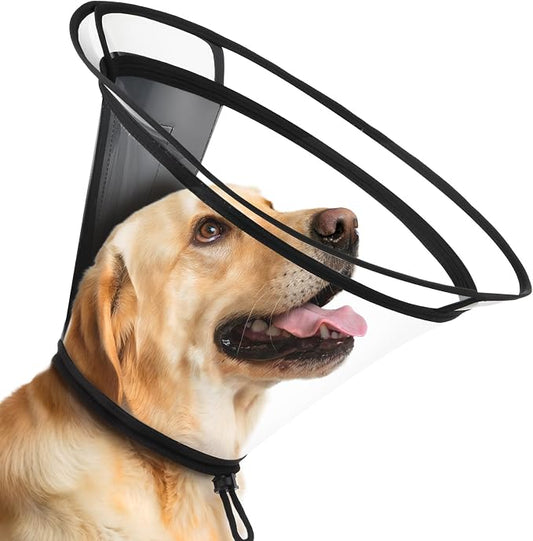 BONTHEE Clear Dog Cone Collar–Extra-Long Recovery E-Collar for Dogs, Transparent Adjustable Dog Cones Alternative for Small Large Medium Size Dogs,Protective Neck Brace with Soft Edges-M