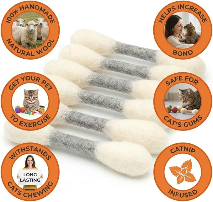 Glaciart One MINI Swabs Cat Toys with Catnip - 6 Pk | Durable for Chew, Cute Cat Toys Interactive Kitty for Boredom, Exercise, & Play | Filled w/Organic Catnip for Anxiety & as Digestive Aid