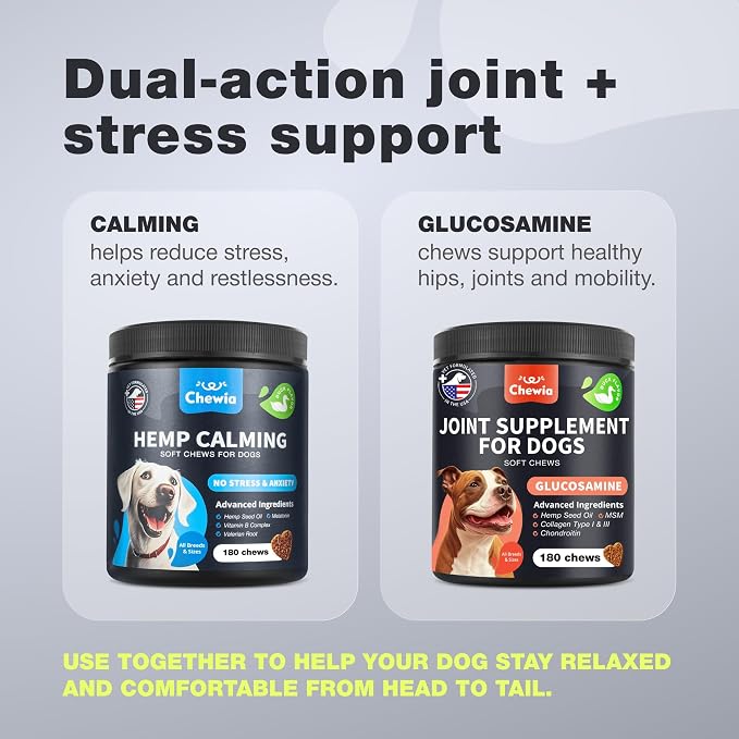 Calming & Hip Joint Support Chews for Dogs – Glucosamine Bundle for Senior & Active Dogs, Helps Maintain Calm Demeanor, Hip & Joint Comfort
