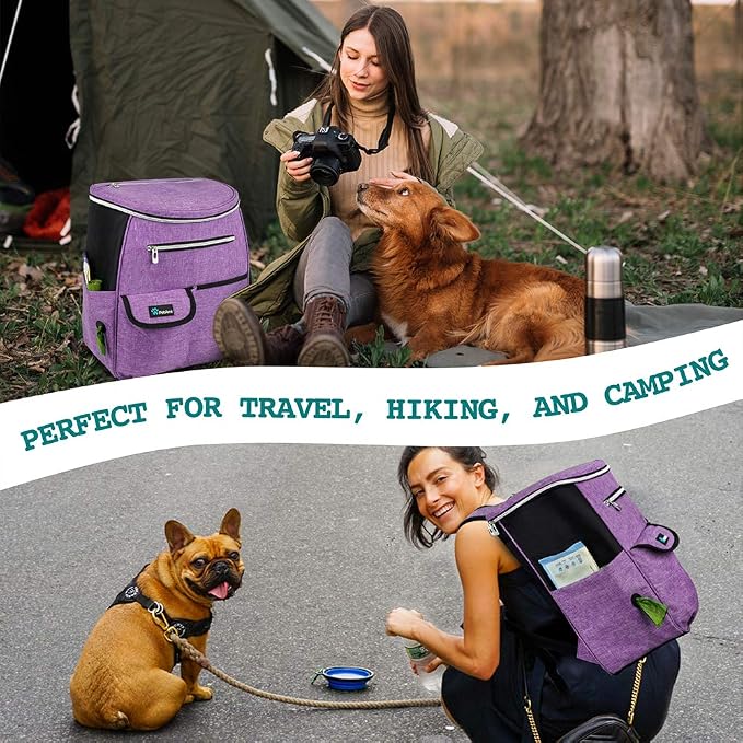 PetAmi Dog Travel Bag Backpack, 27L Airline Approved Pet Supplies Organizer with 2 Food Containers, 2 Collapsible Bowls & Poop Bag Dispenser, Weekend Road Trip Camping Dog Mom Gift, Purple