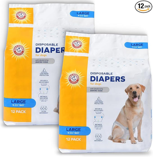 Arm & Hammer for Pets Disposable Female Dog Diapers with Odor Control and Wetness Indicator, Leak Resistant Dog Diapers for Incontinence and Heat Cycles, Size Large 18–23 in Waist, 12 Count