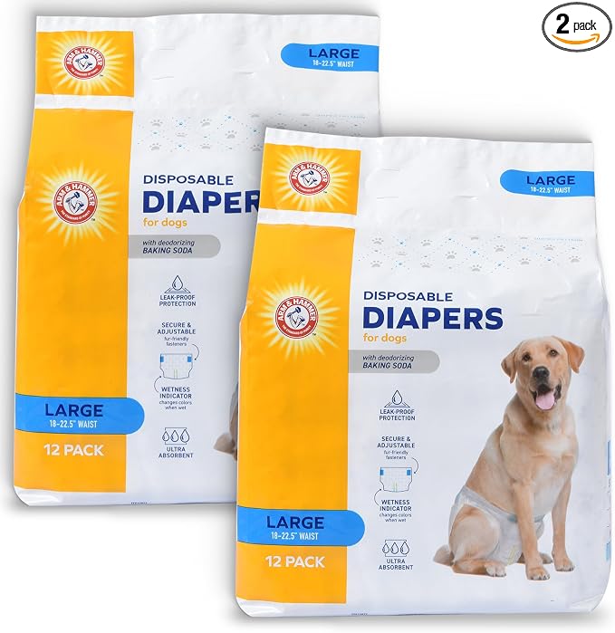 Arm & Hammer for Pets Disposable Female Dog Diapers with Odor Control and Wetness Indicator, Leak Resistant Dog Diapers for Incontinence and Heat Cycles, Size Large 18–23 in Waist, 12 Count - 2 Pack
