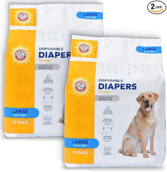 Arm & Hammer for Pets Disposable Female Dog Diapers with Odor Control and Wetness Indicator, Leak Resistant Dog Diapers for Incontinence and Heat Cycles, Size Large 18–23 in Waist, 12 Count - 2 Pack