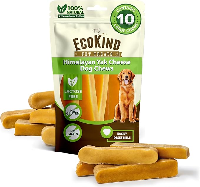 EcoKind Yak Cheese Himalayan Dog Chews, Yak Chews for Large Dogs, Long Lasting Bone for Aggressive Chewers, Only 3 Ingredients, Natural High Protein Treat, No Additives, Lactose Free, Large - 10 Chews