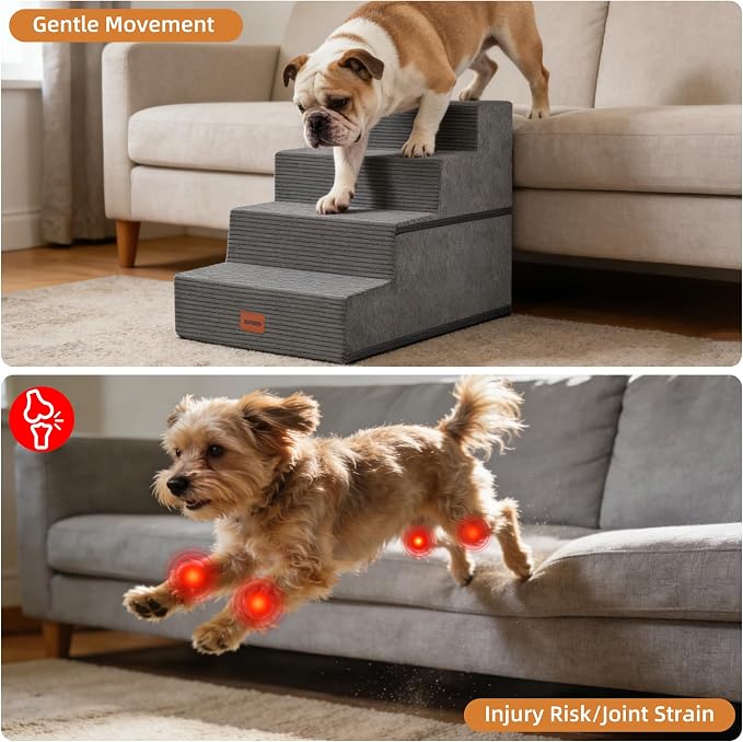Dog Stairs for Small Dogs, 18" H, 4-Step Pet Steps for Bed Couch Sofa and Chair, Non-Slip Balanced Pet Ramp for Injured & Senior Pets with Washable Cover and Durable High Density Foam, Grey