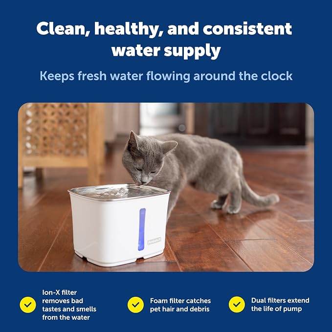 PetSafe Viva Cat Water Fountain (64oz/1.8L) Indoor Water Dispenser for Cats and Small Dogs, Stainless-Steel Bowl with Whisper Quiet Pump, Dishwasher Safe, Easy to Clean, Water Filters Included