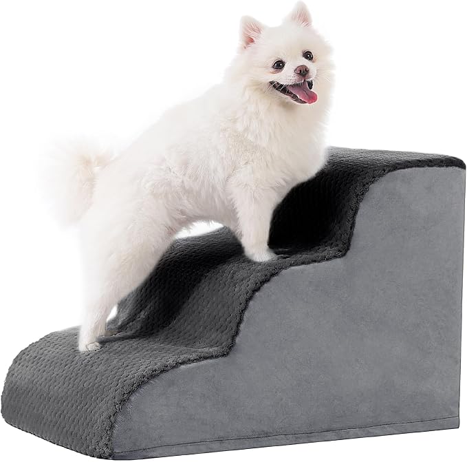 Dog Stairs Ramp, Curved 3-Step Dog Steps for Small Dogs and Cats, Pet Stairs for High Beds and Couch with Anti-Slip Washable Cover and Durable High Density Foam, Dark Grey