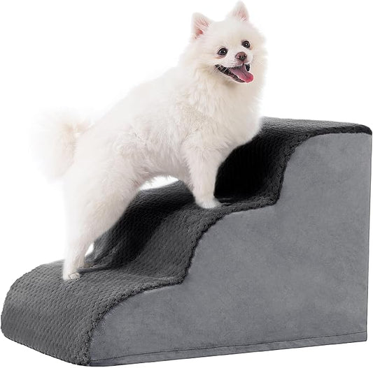 Dog Stairs Ramp, Curved 3-Step Dog Steps for Small Dogs and Cats, Pet Stairs for High Beds and Couch with Anti-Slip Washable Cover and Durable High Density Foam, Dark Grey