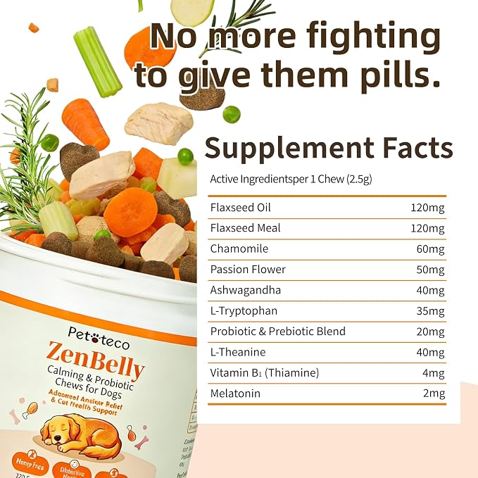 ZenBelly Calming Chews for Dogs, Probiotic Calming Treats for Stress Support, Separation Anxiety, Travel, Thunderstorms & Fireworks, Hemp Free, Grain Free, Chicken Flavor, 120 Soft Chews