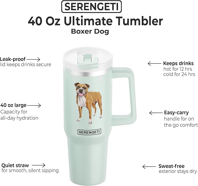 E&S Pets SERENGETI 40 Oz Ultimate Tumbler with Handle and Straw - Vacuum Insulated Tumbler with Straw and Lid - Stainless Steel Travel Mug for Pet Lovers - 3D Designs of your favorite Dog (Boxer)