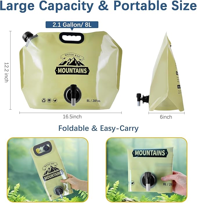 Water Jug Camping 2.1 Gallon Collapsible with Spigot, BPA Free Portable Water Pouch Foldable Water Bags for Outdoor Hiking, Travel and Emergency & Water Storage Containers (Beige-3Pcs)