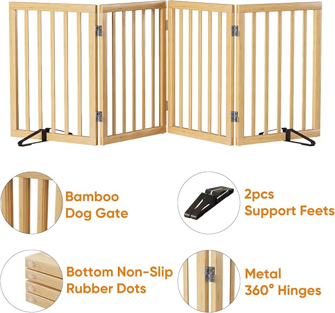 Natural 37-74" Wide Dog Gate for Stair, Bamboo Dog Gates for the House Doorways, Freestanding Pet Gates for Dogs, Doogie Puppy Fence Gate