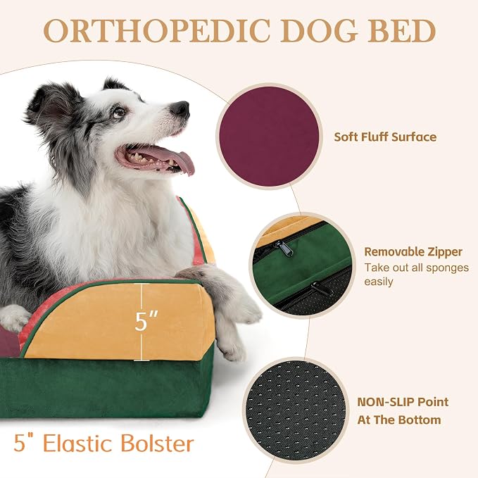 Comfort Expression Orthopedic Dog Bed for Extra Large Dogs 42x30 Inch, Waterproof Egg Crate Foam XL Pet Bed with Bolsters, Dog Couch with Washable Cover & Non-Slip Bottom, Watermelon Meadow