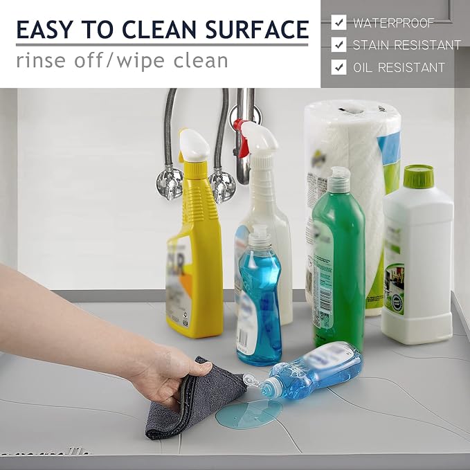 Heavy Duty Silicone Under Sink Mats for Kitchen Waterproof 37" x 22", Extra Thick Under Sink Rubber Mat Drip Tray, Raised Edge Under Sink Liner,Prevent Drips, Leaks, Spills,Grey