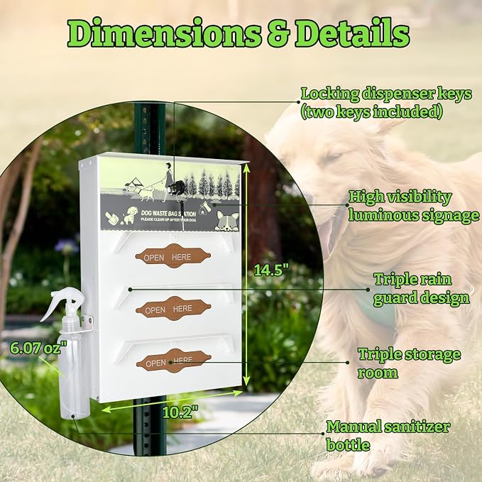 Metal Dog Poop Bag Dispenser Wall Mount, Outdoor Dog Bag Dispenser - 600 Roll Bags Included - Pet Waste Station -Pet Waste Bag Dispenser with Pick Up After Your Dog Sign (Glow in the Dark)