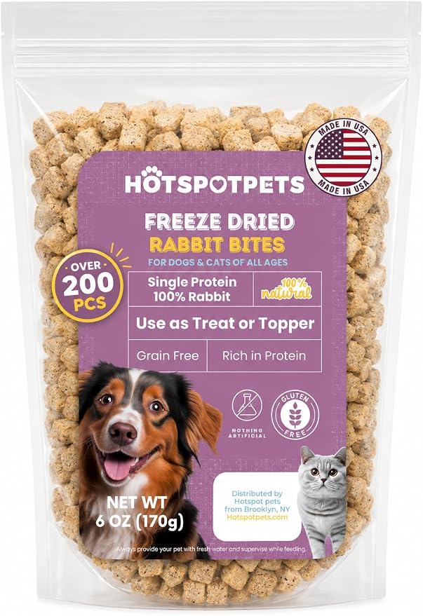 hotspot pets Freeze Dried Rabbit Treats for Dogs & Cats – Raw Single Ingredient Rabbit Bites – High Protein Training Rewards & Food Topper – Grain Free, Low Calorie, USA Made – (6 Ounce ~200+pcs)