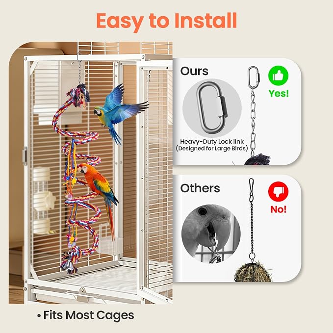 Ultra Long Bird Toys for Large Parrots - 110'' Heavy Duty Cotton Rope Birds Toy Swing, Spiral Hanging Bird Toys with Bell & Acrylic for Macaws, Cockatoos, Greys, Enrichment Parrot Toys