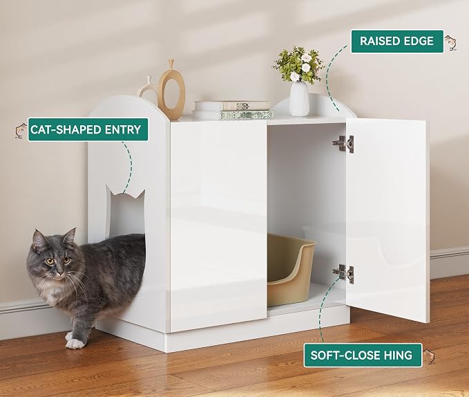 YITAHOME Hidden Cat Litter Box Enclosure, 31 Inch Litter Box Furniture with Hooks for Large Medium Cats, High-Gloss Wooden Cat Cabinet for Indoor Cats, White