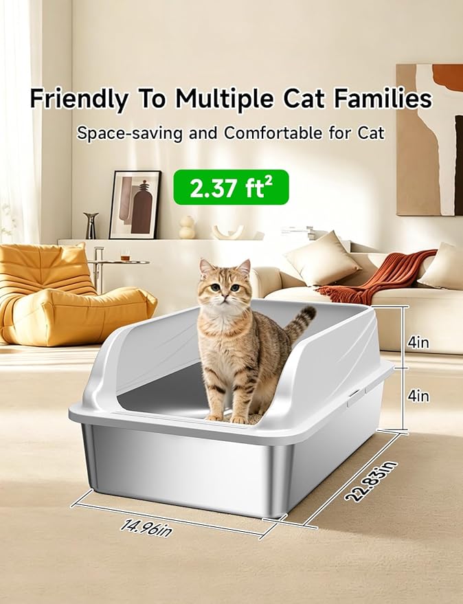 2PACK Stainless Steel Cat Litter Boxes, XL Large Metal Litter Box with High Sides Lid, Odor Free Litter Pan Include Scoop Easy Cleaning Anti-Scratch Kitty Cat Box Anti-Urine Leakage, Non-Sticky