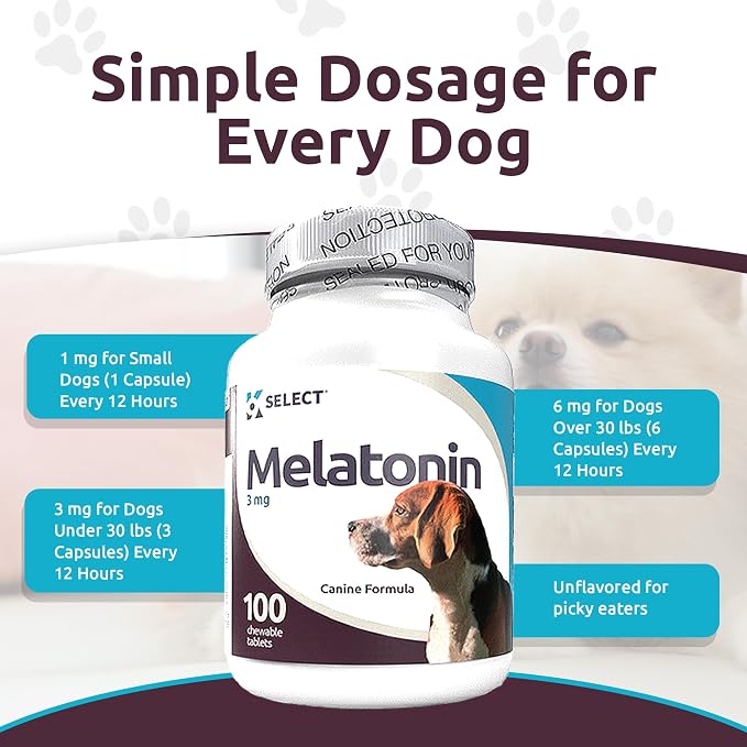 K9 Select Melatonin for Dogs - Calming Treats, Sleep Aid - High Antioxidant Helps with Immune System Booster - Wellness - 3 mg, 100 Vegetarian Capsules