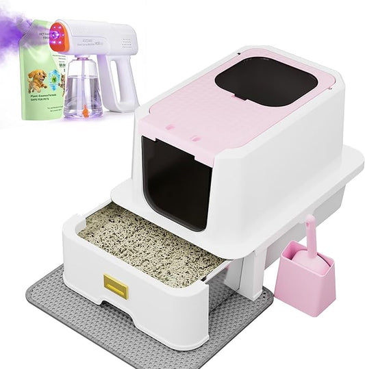 RIZZARI Pink Stainless Steel Cat Litter Box with Lid, Hidden Covered Kitty Litter Box with Drawer & Deodorizer Spray, Modern Top Entry Litter Box for Indoor Cats, Bedrooms, Apartments & Living Spaces