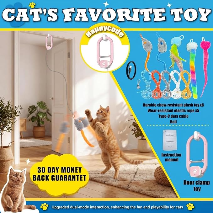 Rechargeable Electric Cat Teaser – Interactive Door Clip Teaser for Cats, 2 Motion Modes (360° Spin & Irregular Jumping), Smart Auto Cat Toy for Exercise & Fun (No Remote)(Pink)