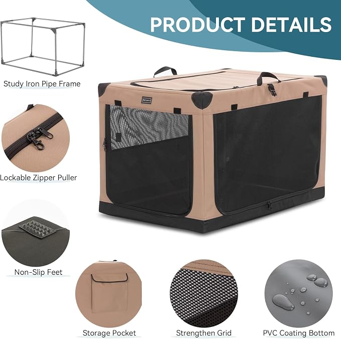 PETSFIT 36" Soft Portable Dog Crate – Patented Spiral Sturdy Frame, Collapsible Travel Kennel for Medium & Large Dogs, 3 Mesh Door, Lockable Zippers, Indoor & Car Use Khaki
