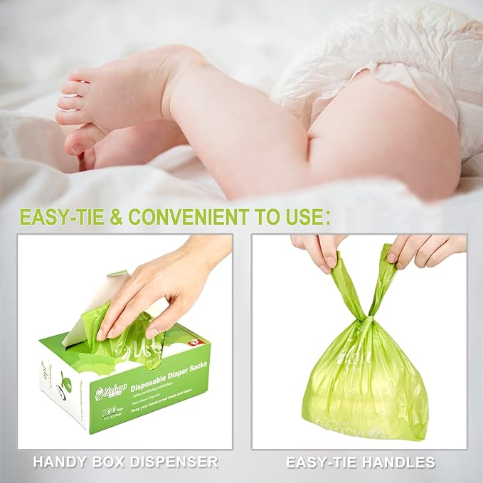 Baby Disposable Diaper Bags,2 Pack (600 Count) Oxo-Biodegradable Diaper Sacks,Easy-Tie Handles,Diaper Disposal or Pet Waste Bags