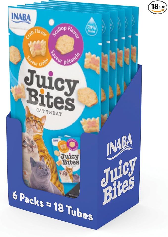 INABA Juicy Bites, Moist & Chewy Cat Treats with Vitamin E and Green Tea Extract, 0.4 Ounces per Pouch, 18 Pouches (3 per Bag), Scallop and Crab