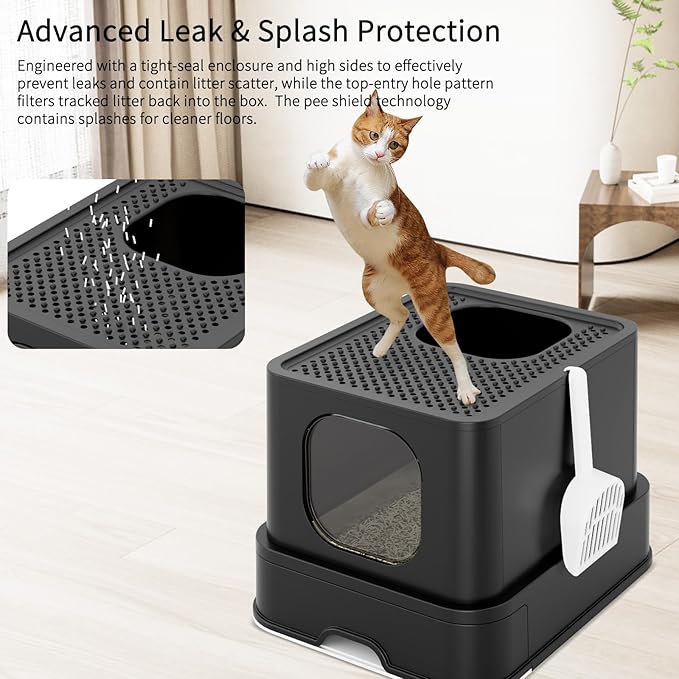 RIZZARI Stainless Steel Cat Box: All Black Covered Design with High Sides to Prevent Leaks - Easy-Clean Drawer & Non-Stick Coating for Odor Control - Dual Entry with Top Exit - Bathroom Garage