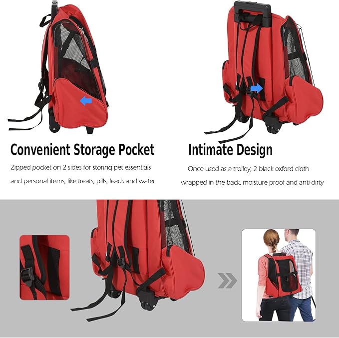 Portable Pet Travel Carrier & Backpack Luggage, Pet Carrier Stroller Trolley Bag with Wheels Soft-Sided Dog Cat Puppy Rolling Carrier with Telescopic Handle