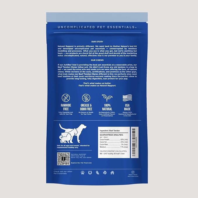 Natural Rapport Beef Tendon Dog Chews - Single Ingredient, Long Lasting, Promotes Dental Health & Joint Support (10 Count Value Pack)