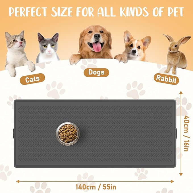 Kalolary Silicone Dog Food Mat, 55” x 16”Waterproof Pet Feeding Mat with High Raised Edge Avoid Spill Out,Dog Water Bowl Placemats for Indoor Easy to Clean