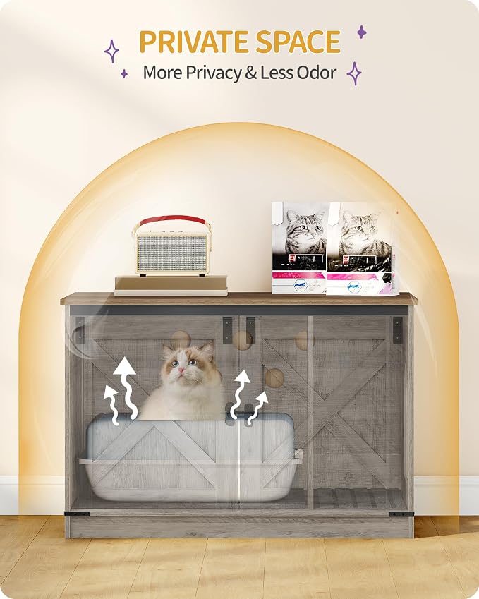 Hzuaneri Cat Litter Box Enclosure with Cushion, Hidden Litter Box Furniture with Removable Dividers, Reversible Entrance Left or Right Side, Cat House, Greige CB84605X