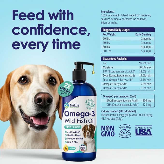 Liquid Fish Oil for Dogs with Omega 3, 6 & 9 Fatty Acids, Wild Caught from Iceland, Skin and Coat Supplement for Shedding, Itchy Skin, Allergies, Brain and Heart Health, Rich in EPA + DHA - 32 oz
