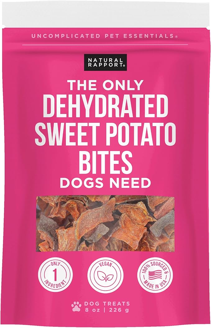 Natural Rapport Dehydrated Sweet Potato Bites Dog Treats - Single Ingredient, Grain-Free, High Fiber Healthy Snack (8 oz)