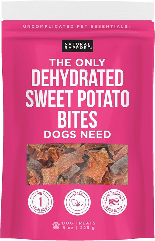 Natural Rapport Dehydrated Sweet Potato Bites Dog Treats - Single Ingredient, Grain-Free, High Fiber Healthy Snack (8 oz)