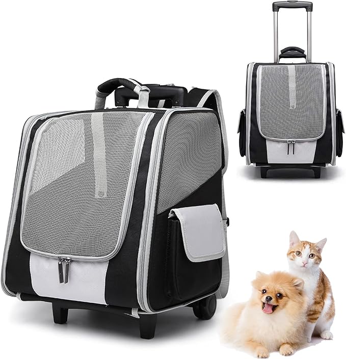 Rolling Pet Travel Carrier Backpack with Wheels 4 in 1 Pet Carrier Soft-Side Dog Carriers Luggage Bag,Mesh Ventilation Windows, Storage Pockets for Walking, Hiking