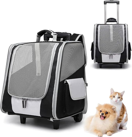 Rolling Pet Travel Carrier Backpack with Wheels 4 in 1 Pet Carrier Soft-Side Dog Carriers Luggage Bag,Mesh Ventilation Windows, Storage Pockets for Walking, Hiking