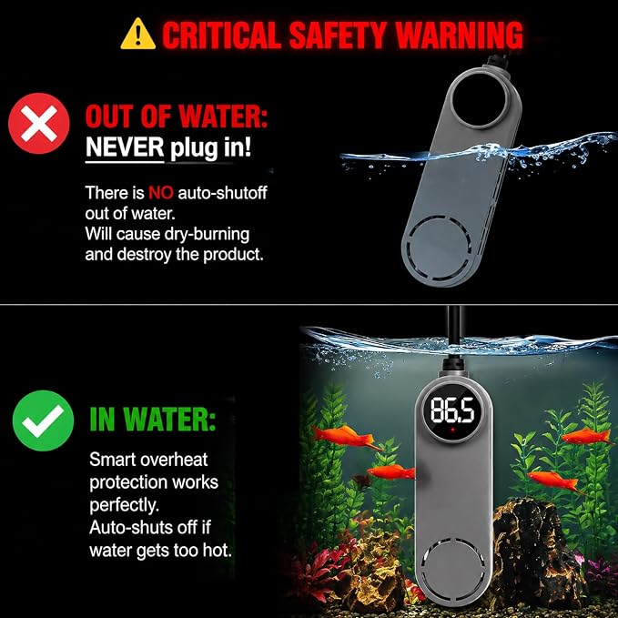 UPETTOOLS 50W Mini Aquarium Heater for 5-10 Gallon Tanks – Submersible Fish Tank Heater with Digital Display & External Temperature Controller, Adjustable 68°F-93°F, for Betta & Turtle Tanks，Shrimp