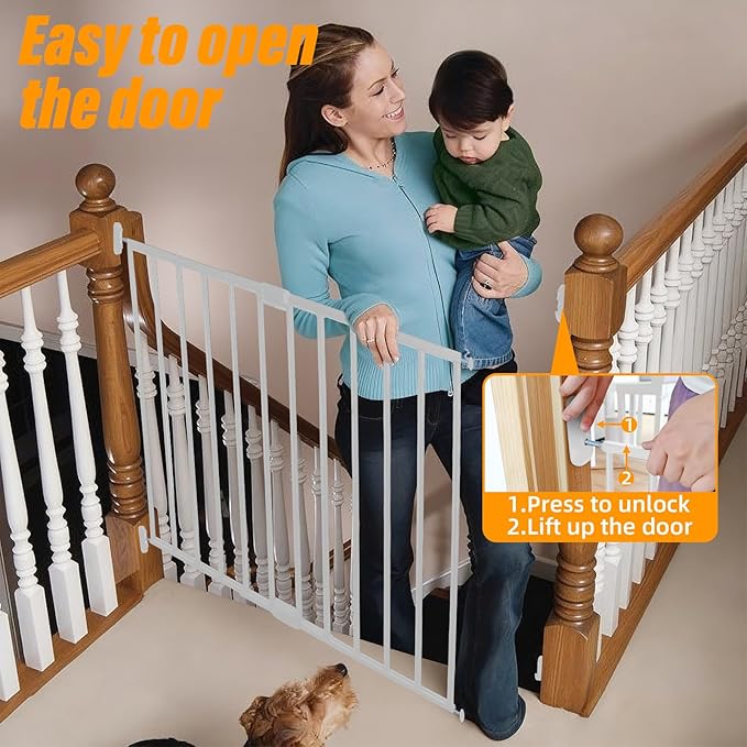 Adjustable Pet Safety Swing Gate, Hardware-Mounted Metal Gate for Stairs and Doorways, Secure Latch for Pets (White, 24"-40.5" W x 28.75" H)